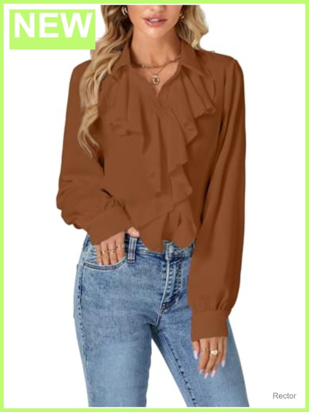 Ruffle Collar Button-Down Blouse Long Sleeve Loose Fit Dressy Casual Top